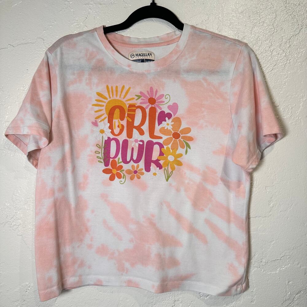 Magellan Women's Size Large GRL PWR Tie Dyed Cropped T-Shirt Pink Flowers